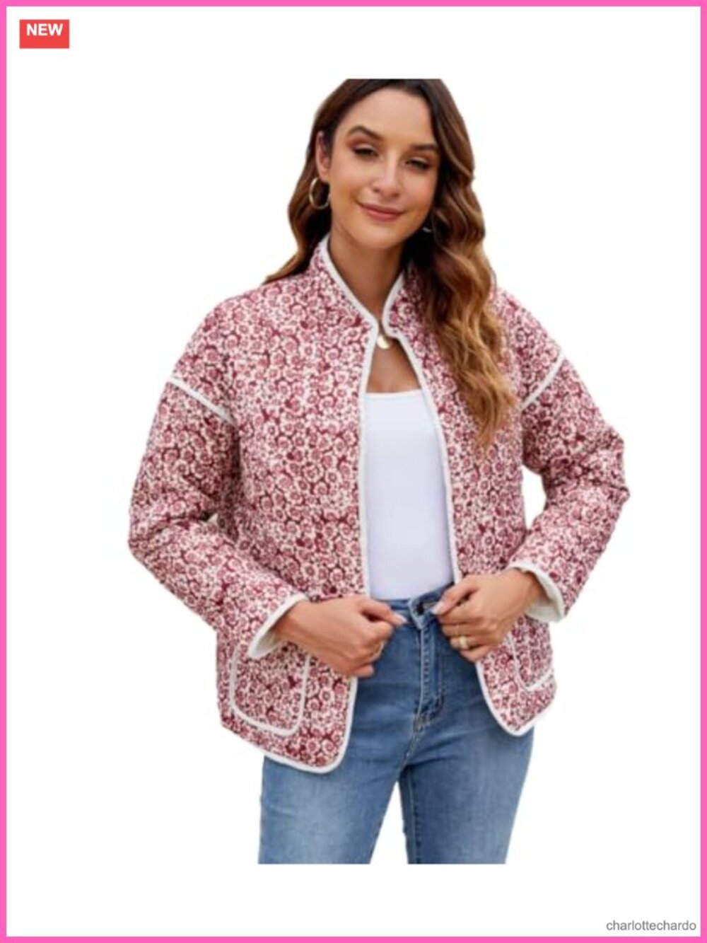 Women's Cropped Quilted Floral Puffer Jacket Lightweight Open Front Coat